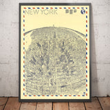 Vecchia mappa Birds Eye di New York nel 1982 - Manhattan, Midtown, Empire State, Chrysler, Torri Gemelle, Central Park 5th Avenue 