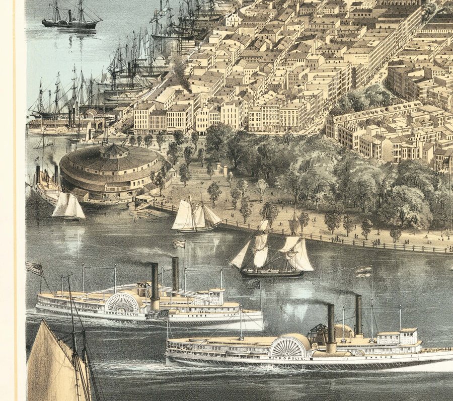 Vecchia mappa Birds Eye di New York City 1856 - Manhattan, Distretto Finanziario, Battery, Fiumi East e Hudson 