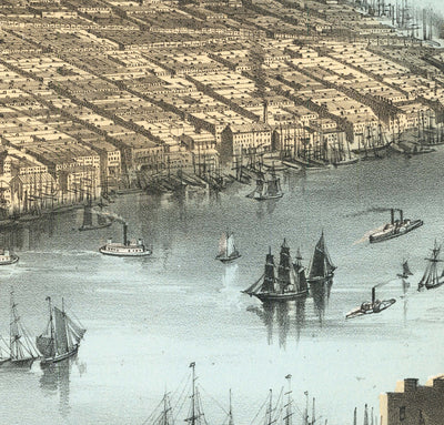 Alte Vogelbeugungskarte von New York City 1856 - Manhattan, Financial District, Battery, East & Hudson Flüsse
