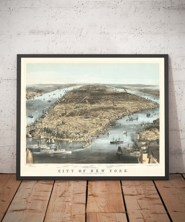 Old Birds Eye Map of New York City 1856 - Manhattan, Financial District, Battery, East & Hudson Rivers