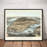 Old Birds Eye Map of New York City 1856 - Manhattan, Financial District, Battery, East & Hudson Rivers