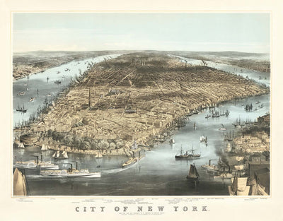 Alte Vogelbeugungskarte von New York City 1856 - Manhattan, Financial District, Battery, East & Hudson Flüsse