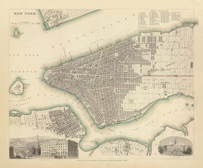 Viejo Mapa de Nueva York, Estados Unidos en 1840 - Manhattan, Brooklyn, Williamsburg, Hudson River