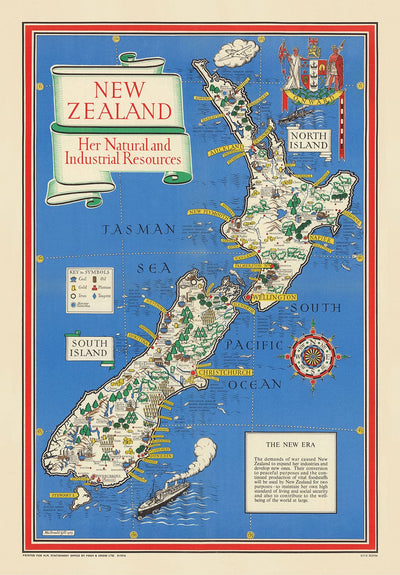 Ancienne Carte de Nouvelle-Zélande, 1943 par Max Gill - Colonial British Empire World Warema Carte