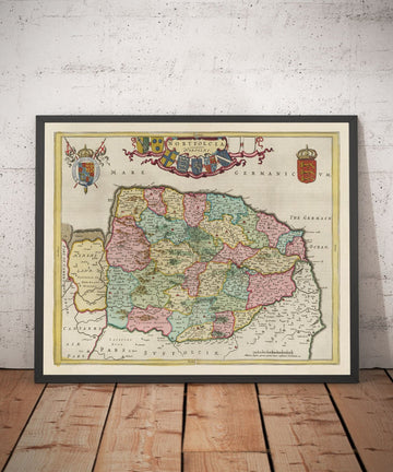 Alte Karte von Norfolk im Jahr 1665 von Joan Blaeu - Norwich, Great Yarmouth, King&