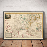 Mapa antiguo de North America, 1720 por Herman Moll - USA, Canadá, México - Atlas colonial francés, español e inglés