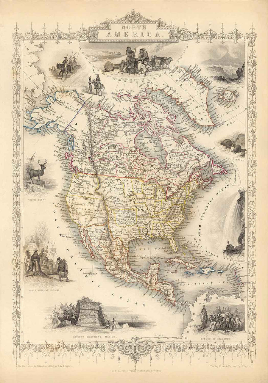 Mappa antica del Nord America, 1851 di Tallis & Rapkin - USA, Canada, Messico, Eschimesi, Castori, Nativi illustrati 