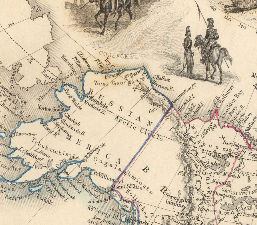 Mappa antica del Nord America, 1851 di Tallis & Rapkin - USA, Canada, Messico, Eschimesi, Castori, Nativi illustrati 