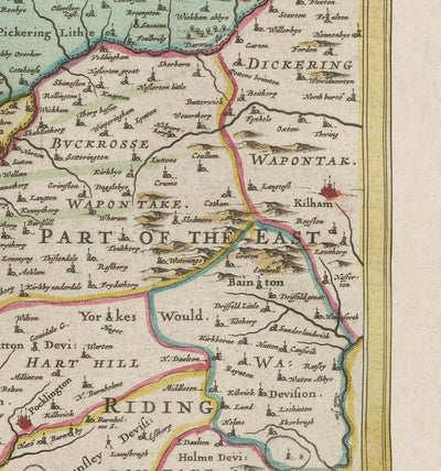 Ancienne carte de North Yorkshire, 1665 par Joan Blaeu - York, Middlesbrough, Scarborough, Whitby, Malton, Pickering, Richmond