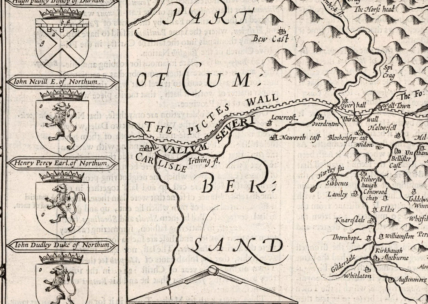 Mapa antiguo de Northumberland en 1611 - Newcastle, Gateshead, la pared de Hadrian, South Shields, Tyne y Wear