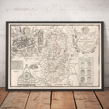 Ancienne carte de Nottinghamshire, 1611 par John Speed ​​- Nottingham, Mansfield, Newark, Travaquage, Sherwood Forest