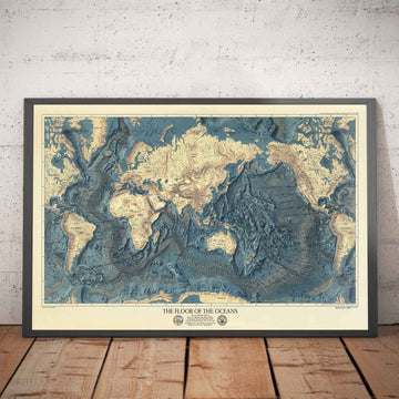 Rare Old Map of the Ocean Floor and Land Relief by the US Navy in 1976 - Europe, Africa, Americas, Antarctica, Australia