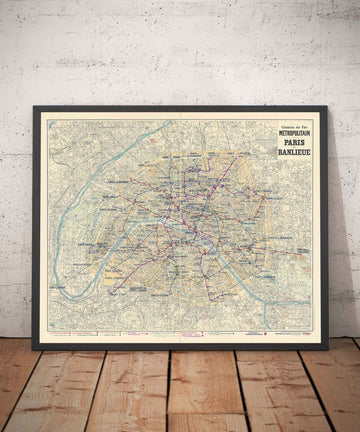 Plan ancien du métro et des monuments de Paris, 1934 par Gaillac-Monrocq - 13 lignes, Arc de Triomphe, plan touristique de la ville du 20ème siècle