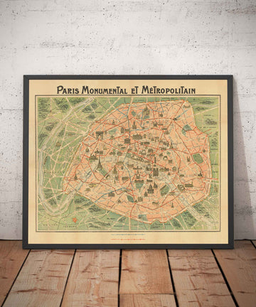 Vecchia mappa della metropolitana di Parigi e dei luoghi d&