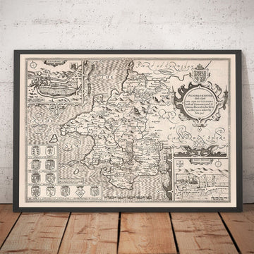 Viejo Mapa monocromo de Pembrokeshire, Gales 1611 John Speed ​​- Haverfordwest, St Davids, FishGuard, Southwest