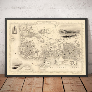 Old Monochrome Map of Plymouth in 1851 by Tallis, Rapkin - Stonehouse, Devonport