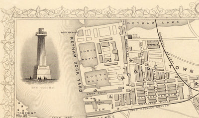Mapa monocromático viejo de Plymouth en 1851 por Tallis, Rapkin - Stonehouse, Devonport
