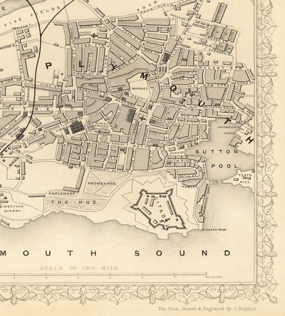Mapa monocromático viejo de Plymouth en 1851 por Tallis, Rapkin - Stonehouse, Devonport