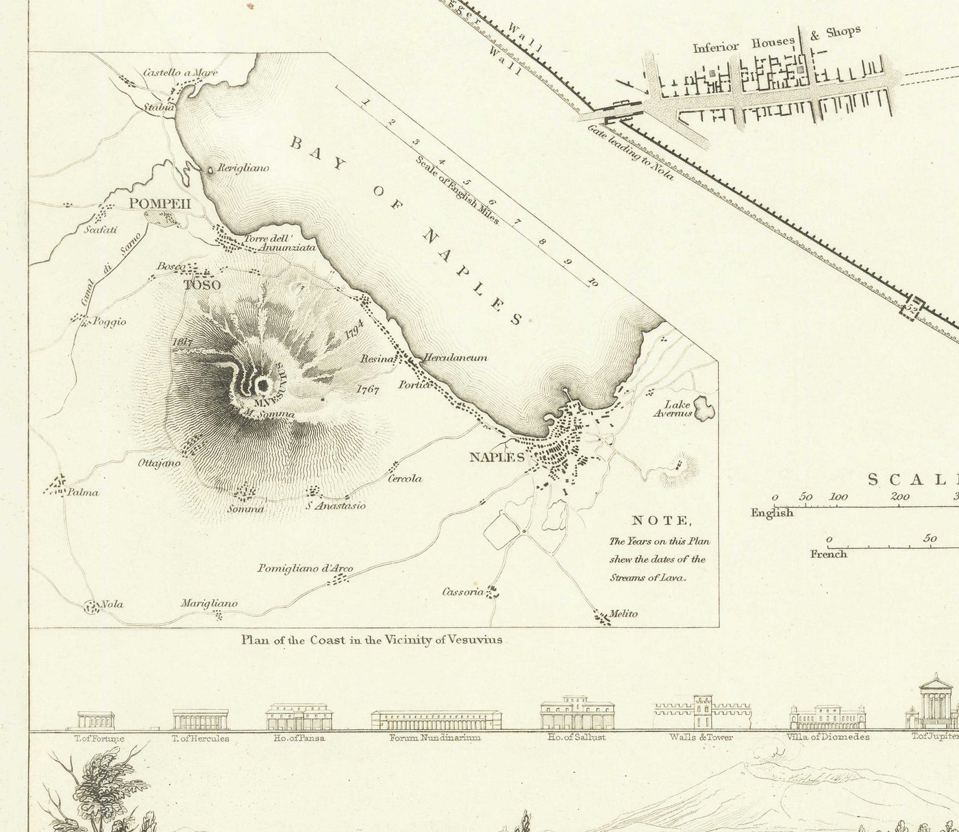 Alte Karte von Pompeji im Jahr 1832 von SDUK - Vesuv, Haus der Pansa, Forum, Teatro Grande, Haus der Vettii, Haus des Fauns