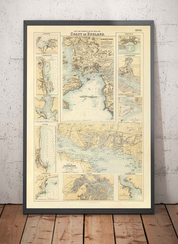 Old Map of the Ports & Harbours in South East of England, 1872 by Fullarton - Margate, Dover, Falmouth, Folkestone, Portsmouth