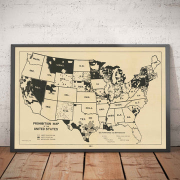 Old Map of Alcohol Pre-Prohibition in the USA, 1915 - State Prohibition & Licensing Laws Before 18th Amendment