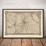 Ancienne carte du sud-ouest de Londres en 1746 par John Rocque - Kingston, Hampton Court, Teddington, Surbiton, Tamise