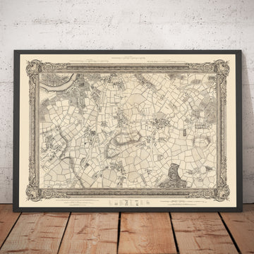 Antiguo mapa del sur de Londres en 1746 por John Rocque - Peckham, Camberwell, Vauxhall, Dulwich, Lambeth, SW2, SW4, SW8, SW9, SE5, SE15, SE22, SE24