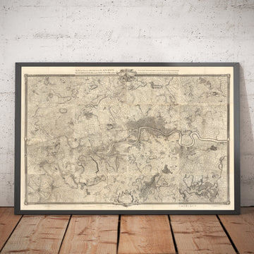 Ancienne carte de Londres et de 10 miles autour par John Rocque en 1746 - avec Hackney, Wimbledon, Highgate, Richmond et d&