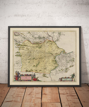 Mappa antica di Roxburghshire nel 1665 di Joan Blaeu - Roxburgh, Branxholm, Hawick, Harwood su Teviot, Ancrum 