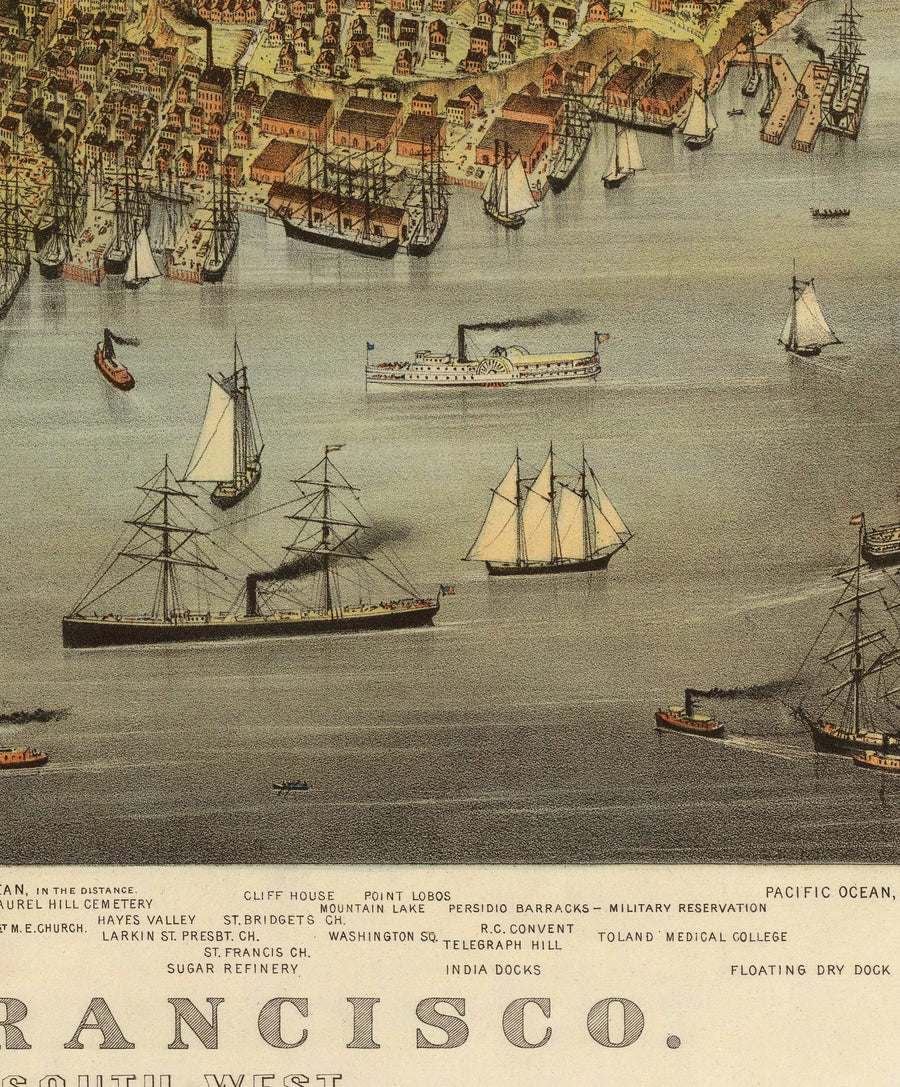 Mappa antica di Birds Eye di San Francisco nel 1878 - Bay Area, Golden Gate, Corsa all&