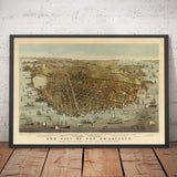 Alte Birds Eye Karte von San Francisco im Jahr 1878 - Bay Area, Golden Gate, Goldrausch, Mission Bay, North Beach 