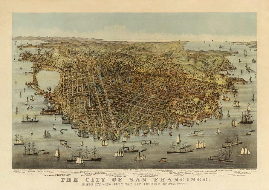 Mappa antica di Birds Eye di San Francisco nel 1878 - Bay Area, Golden Gate, Corsa all&