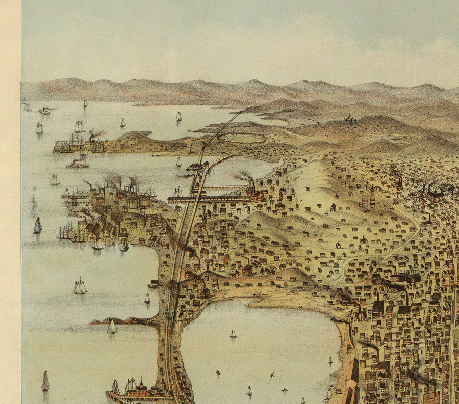 Mappa antica di Birds Eye di San Francisco nel 1878 - Bay Area, Golden Gate, Corsa all&