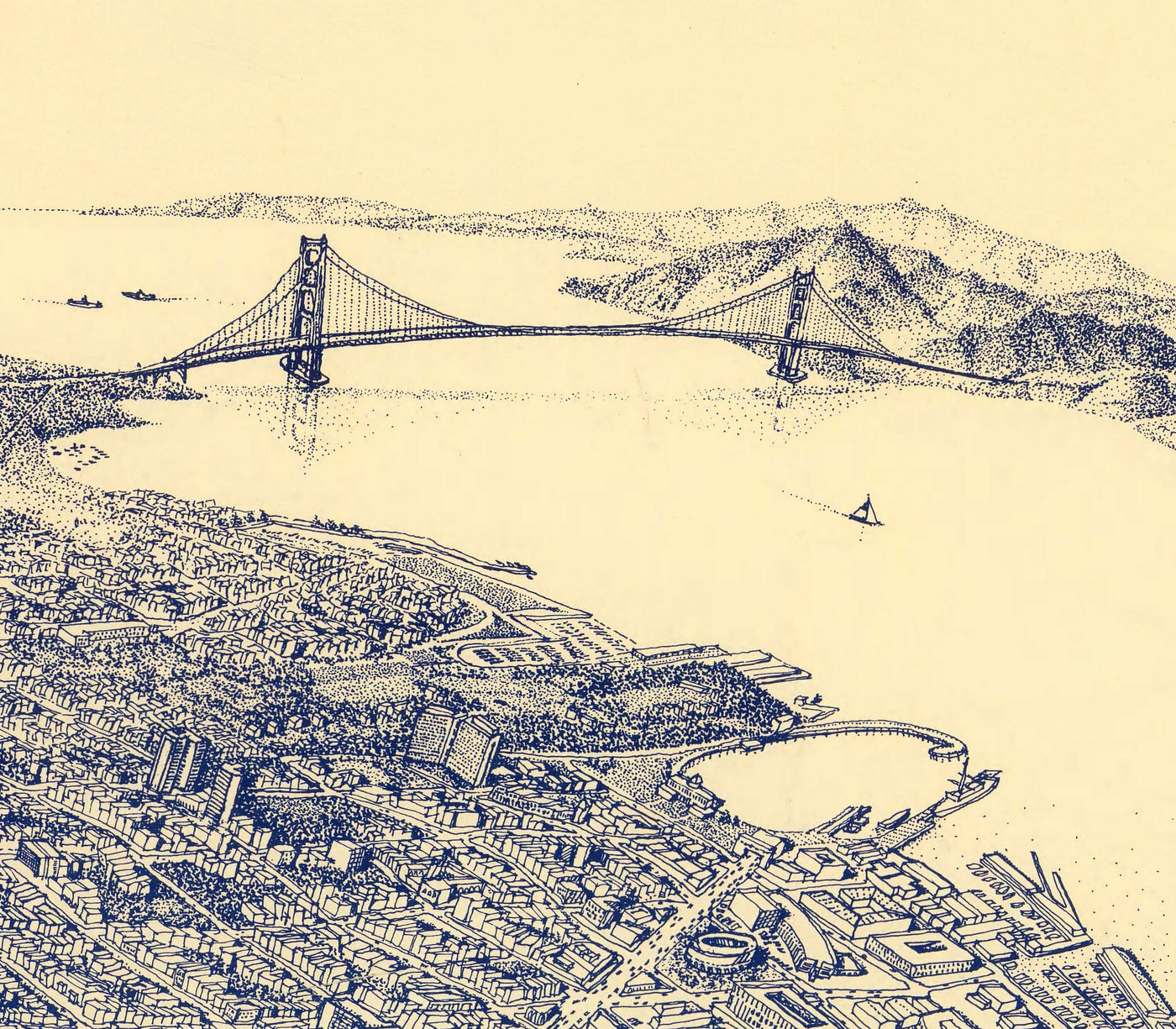 Vieux oiseaux Carte des yeux de San Francisco en 1982 - Gratte-ciel de la baie, Golden Gate Bridge, District financier, Nob Hill