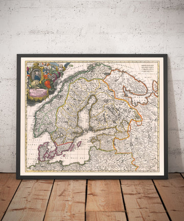 Mappa antica della Scandinavia, 1720 di Johann Baptist Homann - Nordico, Baltico, Danimarca, Svezia, Finlandia, Russia, Estonia, Lettonia, Lituania 