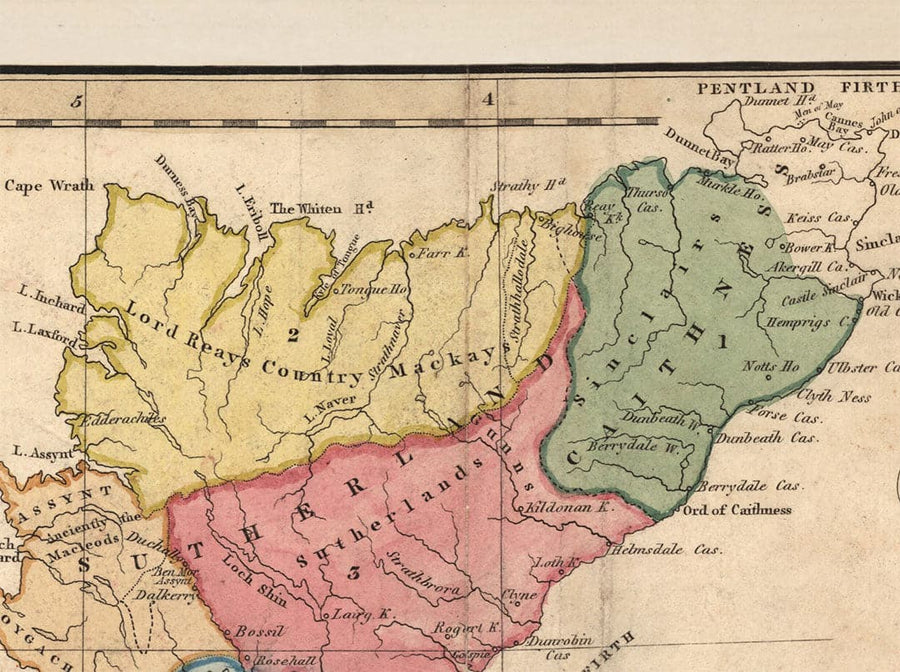 Mappa dei Clan della Scozia - Mappa a colori rara delle Highlands di Scozia di WH Lizars, 1822 