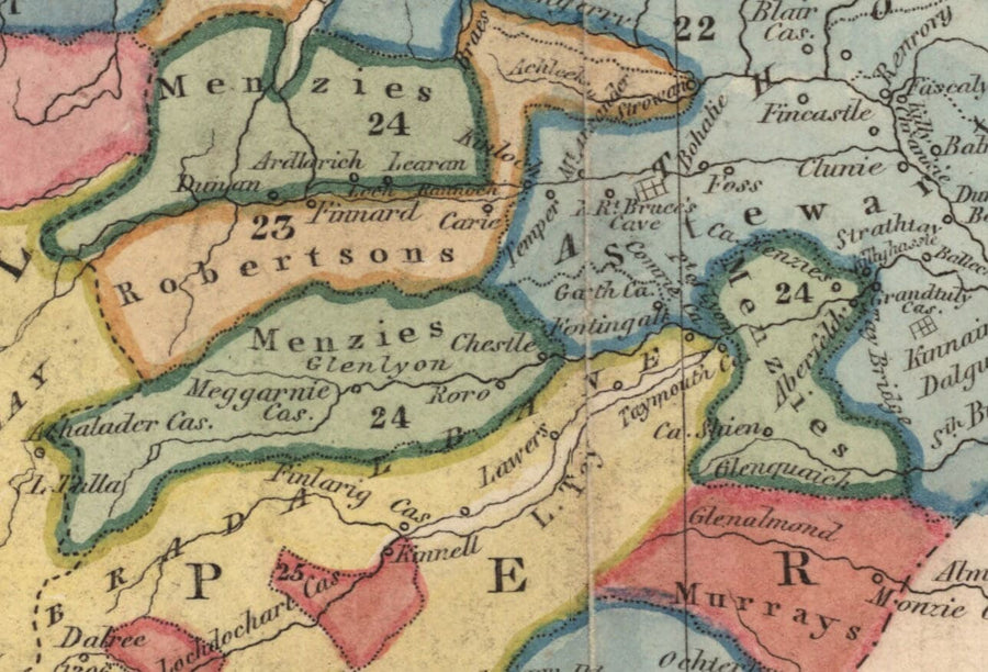 Mappa dei Clan della Scozia - Mappa a colori rara delle Highlands di Scozia di WH Lizars, 1822 