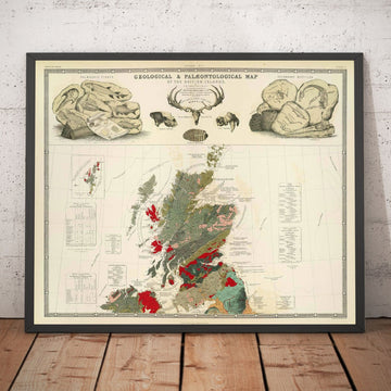 Alte Geologie- und Paläontologie-Karte von Schottland, 1854, von A.K. Johnston und Edward Forbes - Seltene Fossilien-Wandkarte 