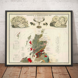 Antiguo mapa geológico y paleontológico de Escocia, 1854, por A.K. Johnston y Edward Forbes - Raro gráfico de pared de fósiles