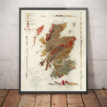 Vecchia mappa della geologia della Scozia di Roderick I. Murchison 1862 - Skye, Shetland, Orcadi, Highlands 