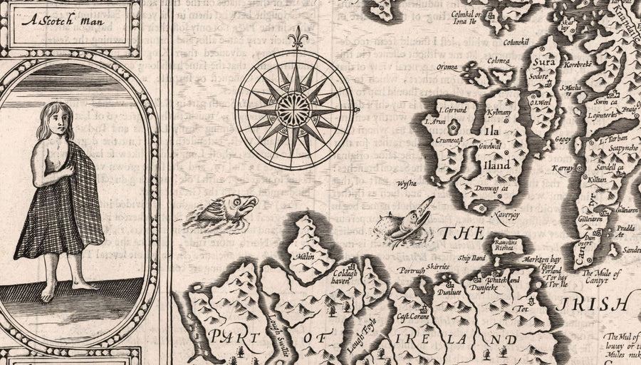 Vecchia mappa monocromatica della Scozia, 1611 di John Speed - Orcadi, Shetland, Highlands, Ebridi Esterne, Skye, Loch Ness 