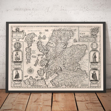 Vecchia mappa monocromatica della Scozia, 1611 di John Speed - Orcadi, Shetland, Highlands, Ebridi Esterne, Skye, Loch Ness 