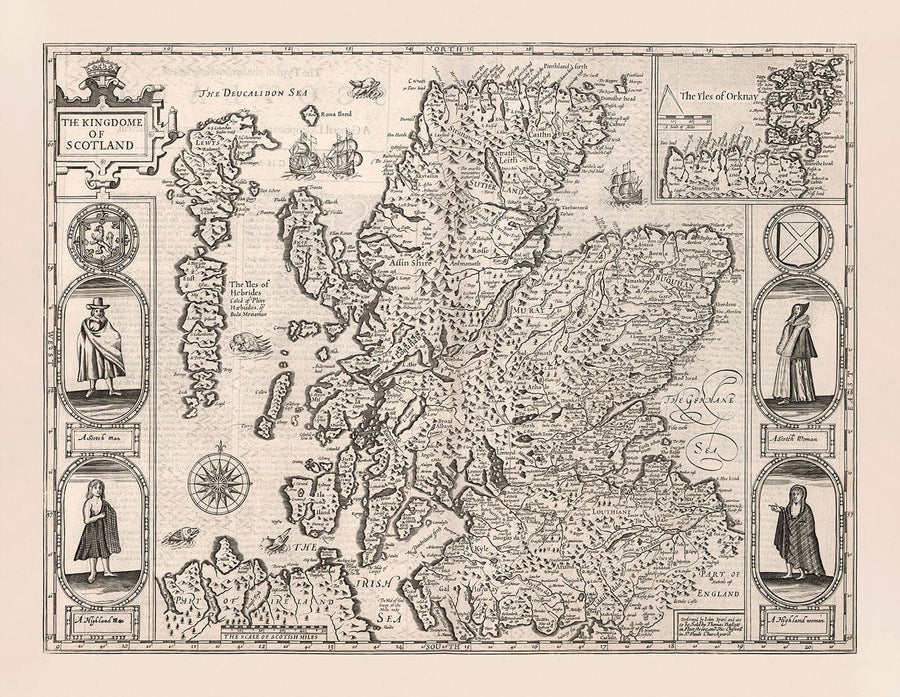 Vecchia mappa monocromatica della Scozia, 1611 di John Speed - Orcadi, Shetland, Highlands, Ebridi Esterne, Skye, Loch Ness 