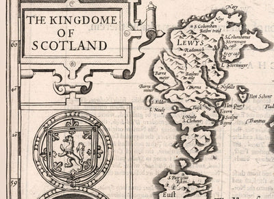 Alte monochrome Karte von Schottland, 1611 von John Speed ​​- Orkney, Shetland, Hochland, äußere Hebriden, Skye, Loch Ness