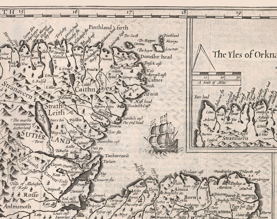 Vecchia mappa monocromatica della Scozia, 1611 di John Speed - Orcadi, Shetland, Highlands, Ebridi Esterne, Skye, Loch Ness 
