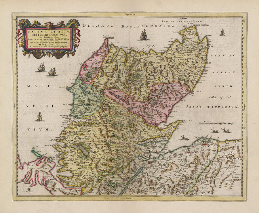 Mappa antica delle Highlands scozzesi, 1665 di Blaeu - Caithness, Sutherland, Ross, Nairn, Inverness, Moray 