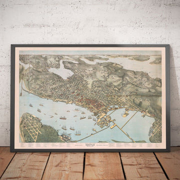 Rare Old Birds Eye Map of Seattle by Augustus Koch, 1891 - Downtown, Capitol Hill, Central District, Lakes, Mountains, Washington History