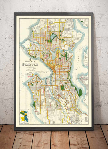 Rare Old Map of Seattle, Washington, 1929 - Downtown, Lakes, Puget, Canals, Mercer Island