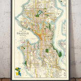 Seltene alte Karte von Seattle, Washington, 1929 - Innenstadt, Seen, Puget, Kanäle, Mercer Island 