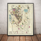 Rare ancienne carte de Seattle, Washington, 1890 par Op Anderson - Downtown, Lakes, Puget, Bay, Mercer, Trainlines